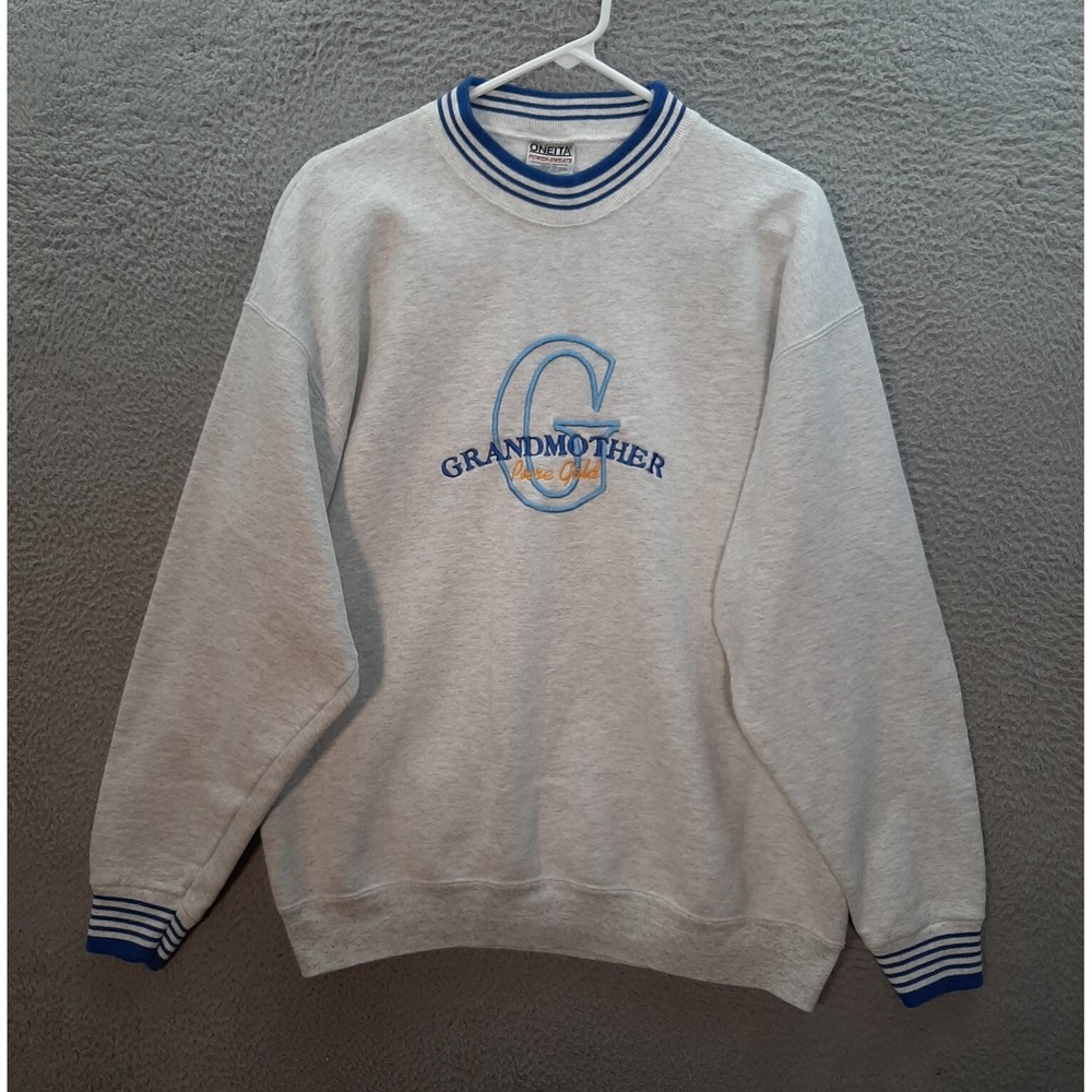 Vintage Oneita‎ Sweatshirt Womens XL Gray Crewneck Embroidered Grandma 90s Y2K
